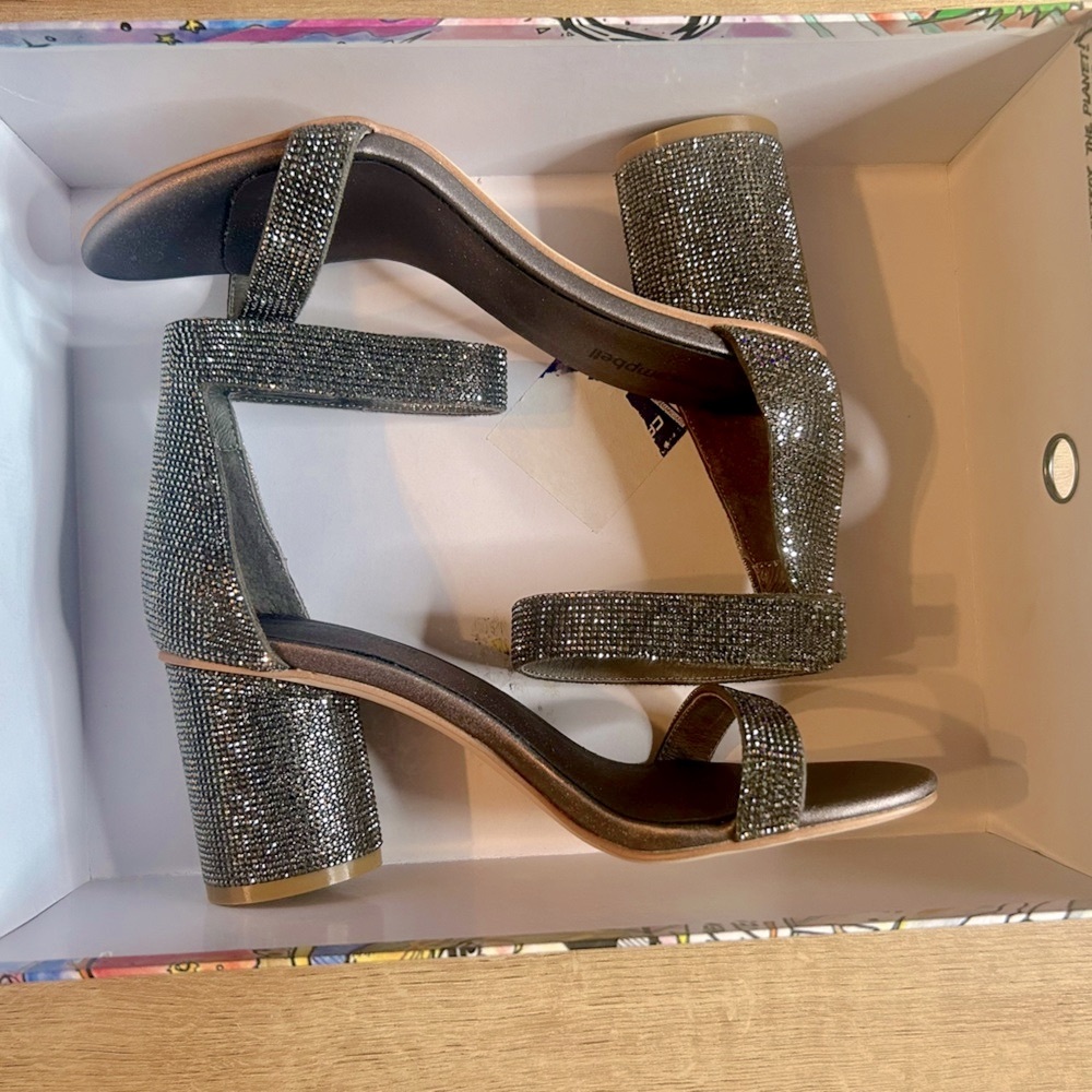 Jeffrey Campbell Pewter/Sparkle Combo Block Heel Sandals – New in Box